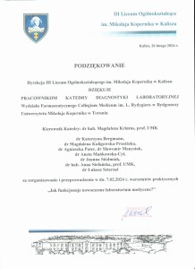 Podziękowania za organizację warsztatów dla uczniów szkół średnich. Kliknij, aby powiększyć zdjęcie.